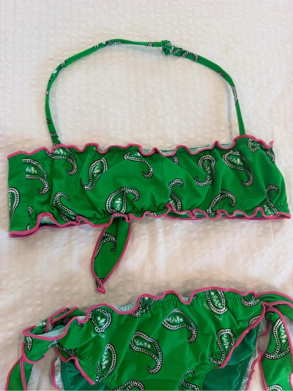 Green Paisley Kids Bikini Set with Pink Trim